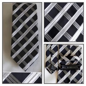 Bill Robinson handmade polyester necktie black gray silver sheen checkered NWOT